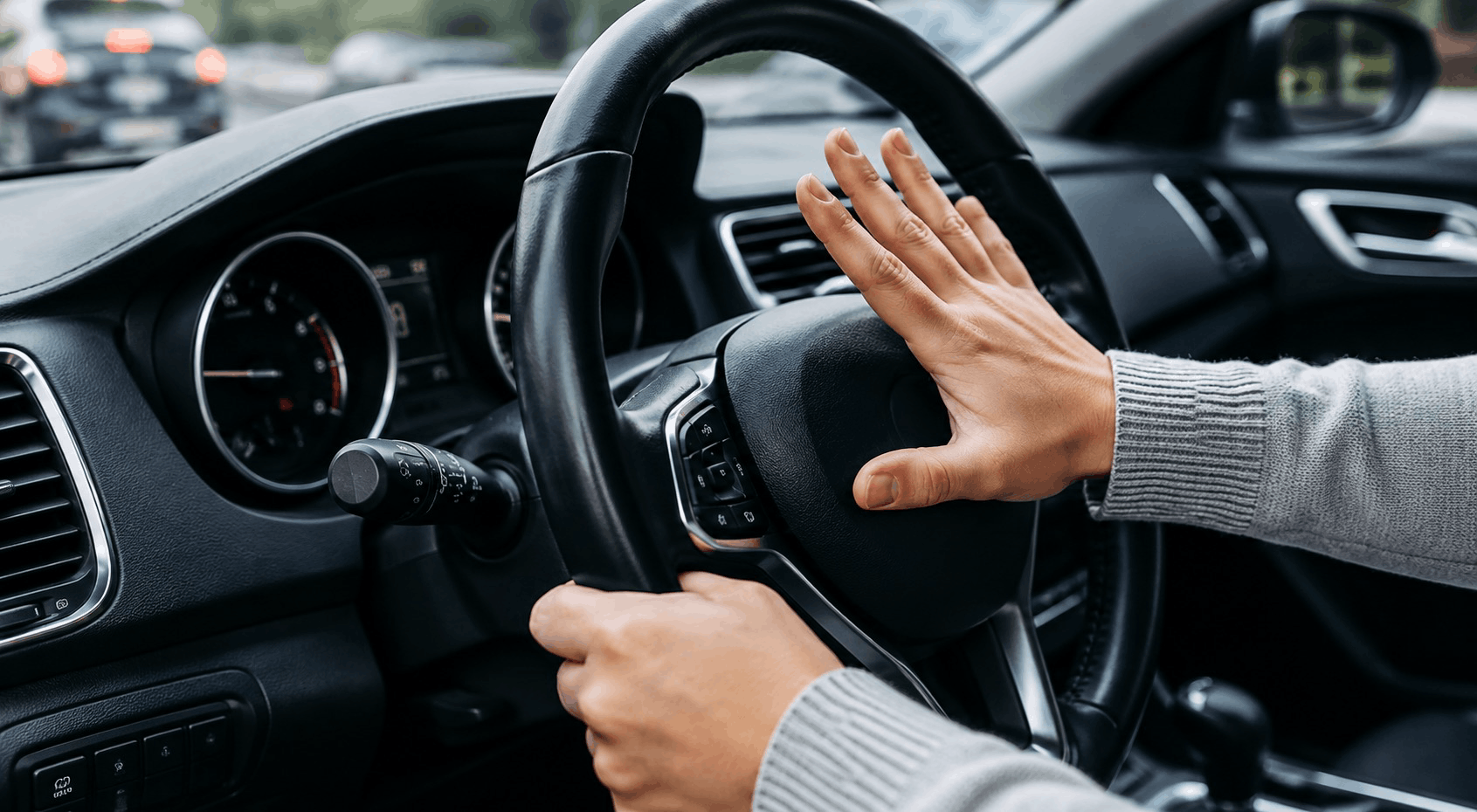 Frustrated driver sounding their horn while driving.