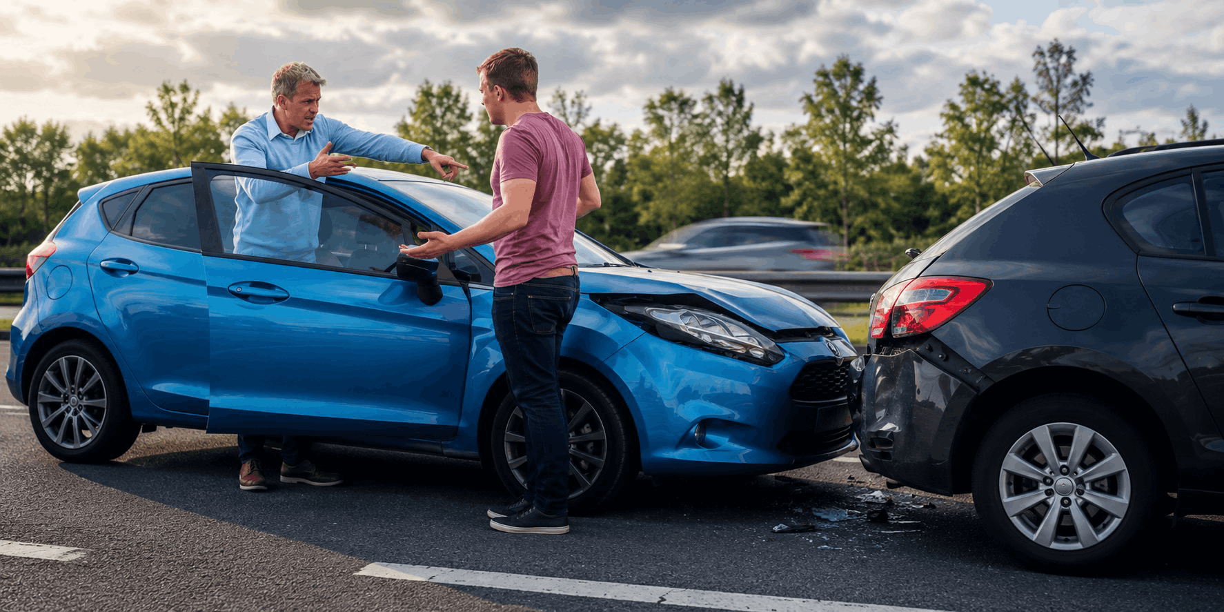 Two drivers beside cars following a rear-end collision.