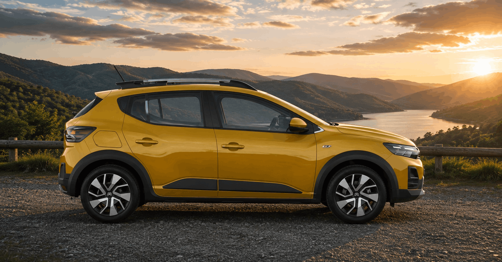 Dacia Sandero Stepway side view overlooking a mountain landscape.