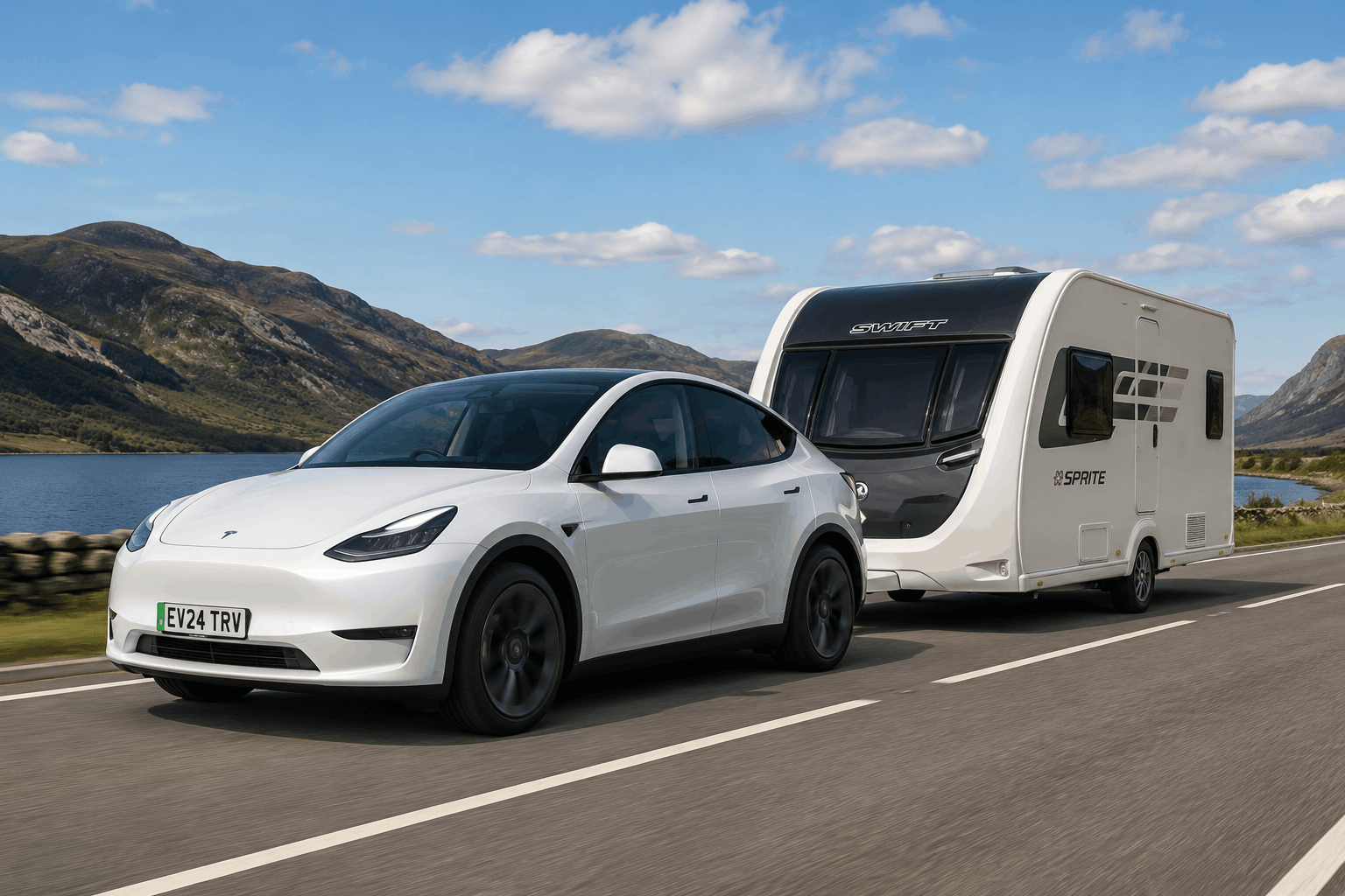 Electric vehicle towing a caravan, demonstrating EV towing capability.