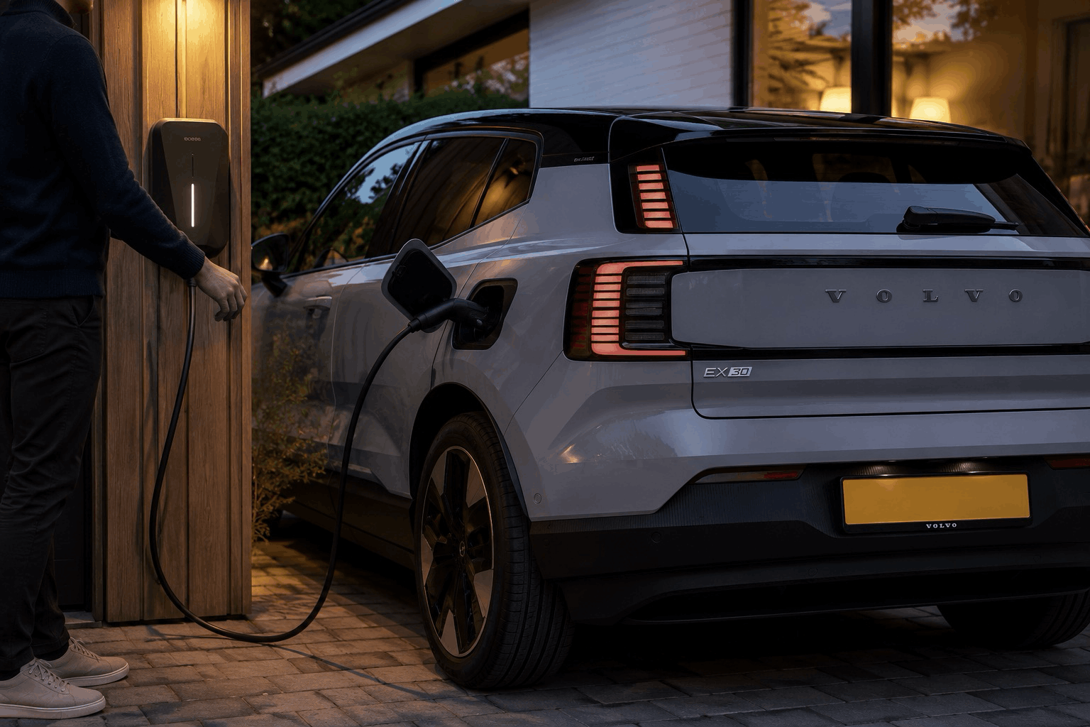 Electric Volvo ex30 being charged at home on driveway.