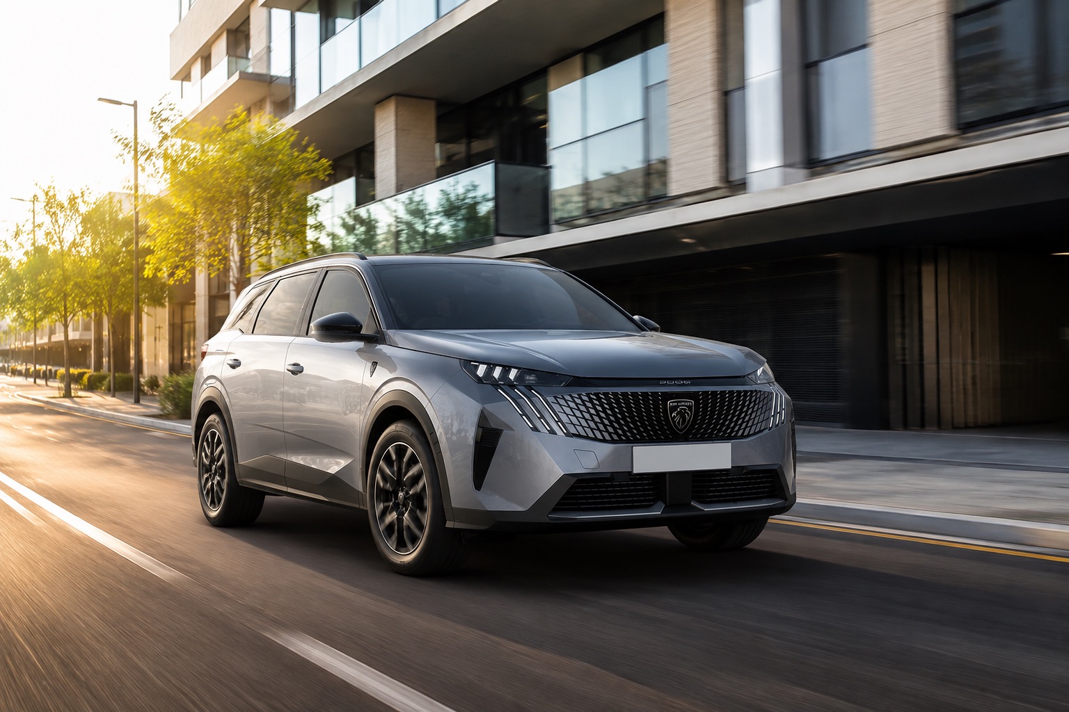 Peugeot 5008 driving through a modern city street in sunny weather, highlighting its spacious family SUV design.