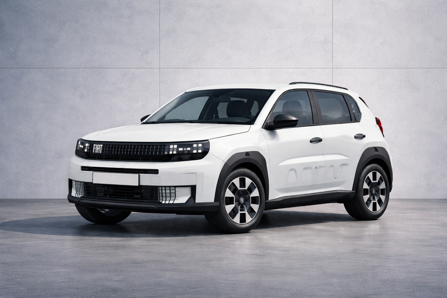 Front three-quarter view of the Fiat Grande Panda in Gelato White showcasing its bold SUV-inspired design and Pixel LED headlights.