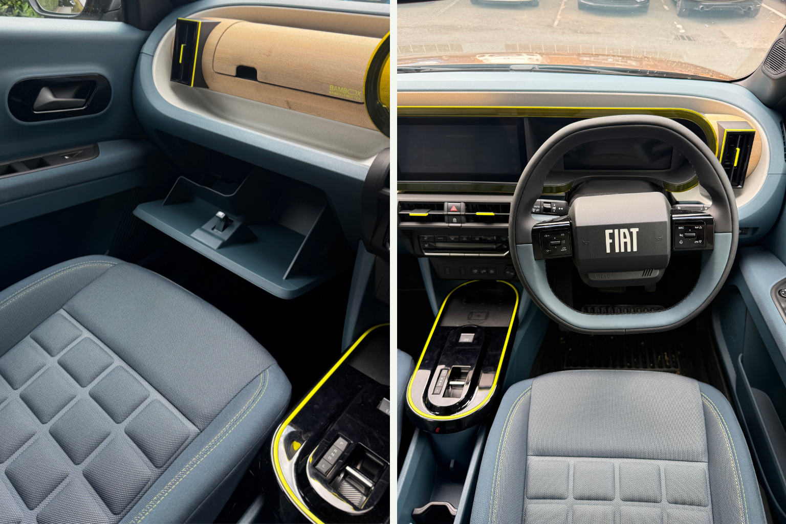 Front cabin of the Fiat Grande Panda showcasing the BAMBOX dashboard, digital displays and centre console.