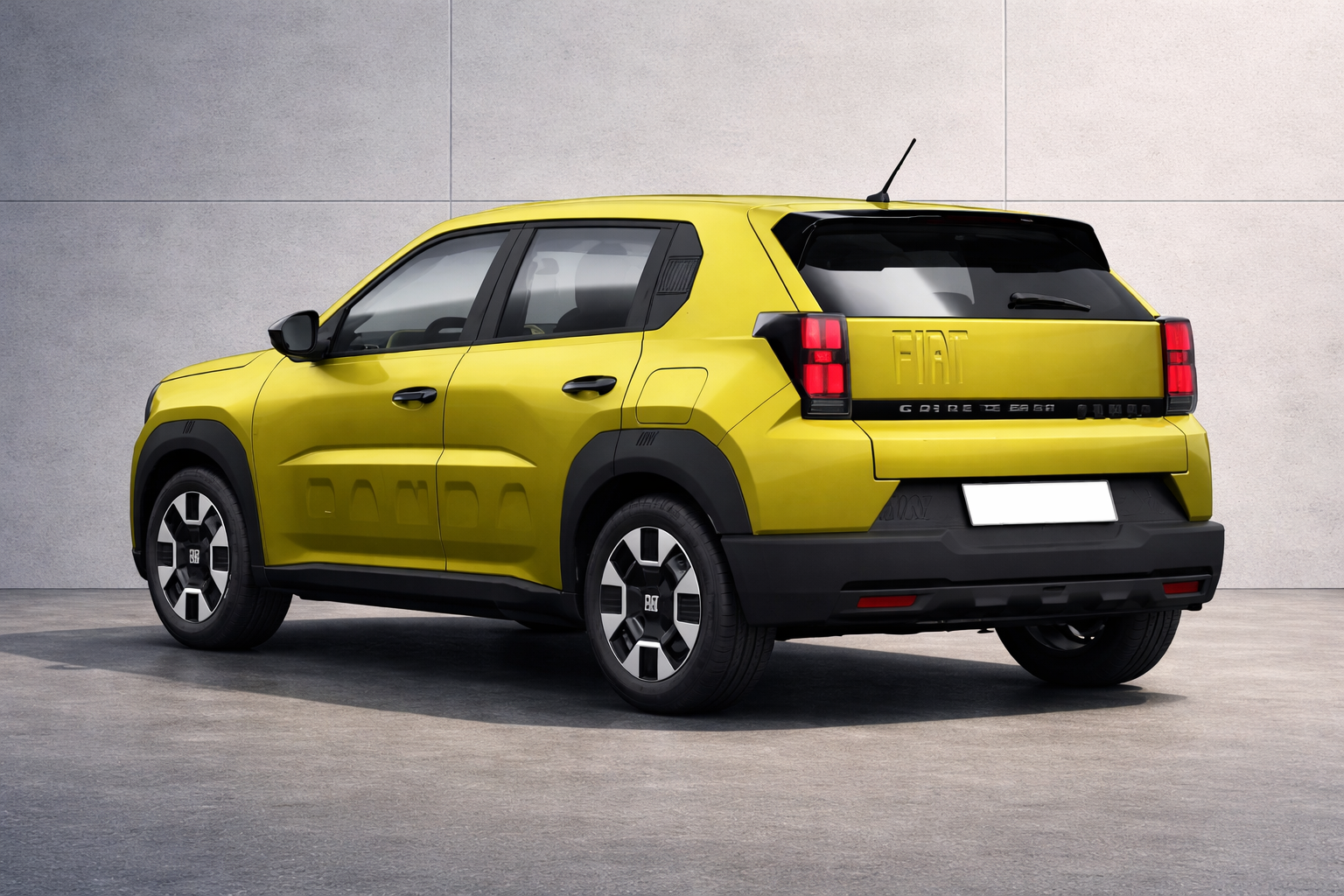 Fiat Grande Panda in Limone Yellow highlighting its distinctive rear design and LED tail lights.