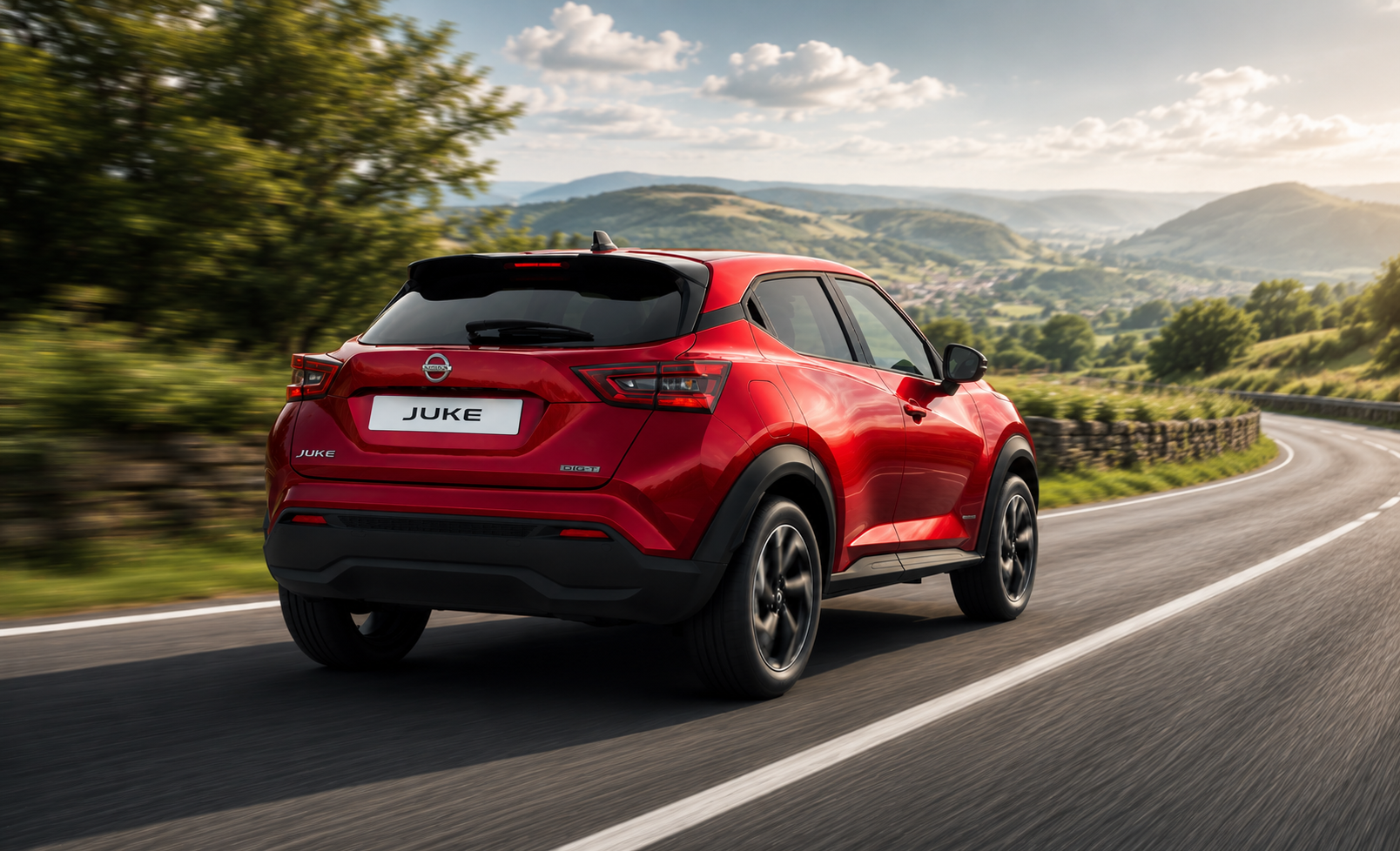 Red Nissan Juke Tekna+ driving on a winding countryside road.