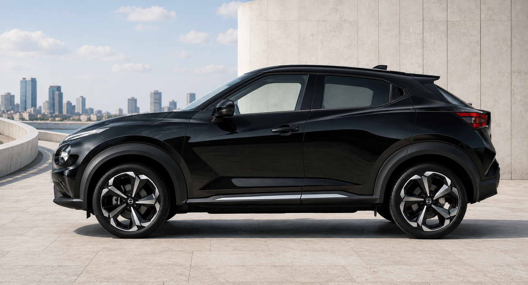 Black Nissan Juke Tekna+ shown in side profile.