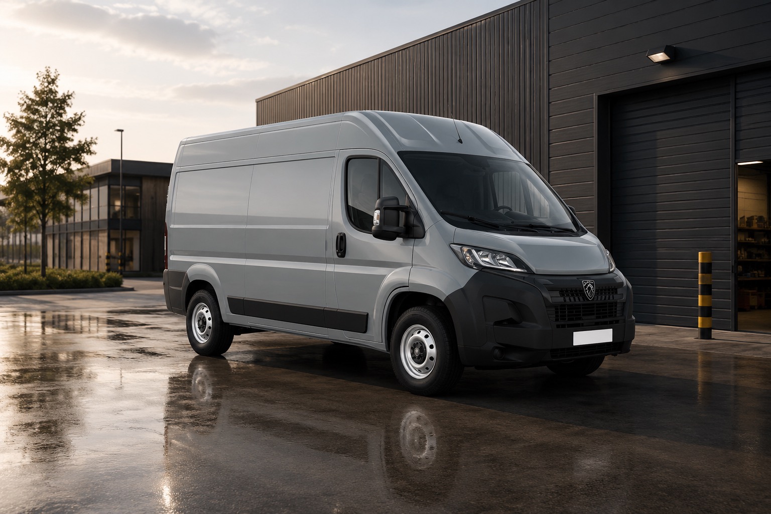 Metallic iron grey Peugeot Boxer van parked outside a modern commercial building