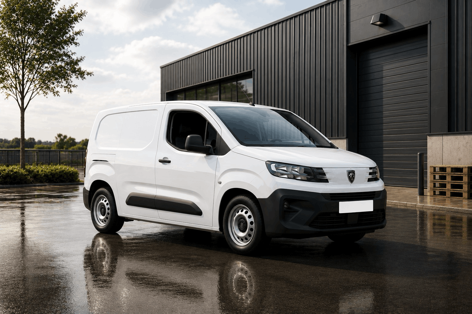 Ice white Peugeot Partner compact van in a modern business setting